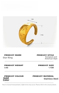 Detail view of gold star embossed ring with 1.7cm diameter and 3.5g stainless steel specs