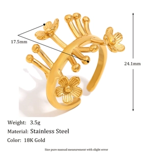 Bague ouverte en acier inoxydable plaqué or 18 carats avec design de fleur