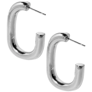 Detail shot of silver 304 stainless steel U-shaped hoop earrings with polished metal finish