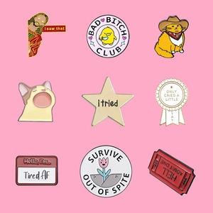 Set of 9 colorful enamel pins with funny internet memes and quirky character designs