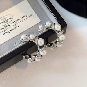 French Retro C Shaped Hoop Earrings With Faux Artificial Pearl And Zircon Inlaid Silver Earring Post Elegant Jewelry For Women