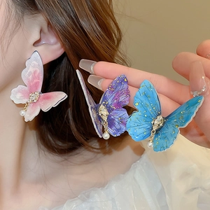 Elegant butterfly stud earrings with colorful acrylic wings and delicate pearl charms