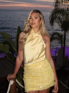 Ensemble haut licou en satin jaune et jupe à paillettes pour femme, tenue de plage et fête