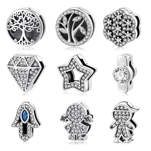 925 sterling silver charms set with white zircon stones for DIY charm bracelets