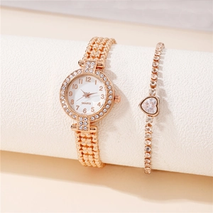 Elegant Women Quartz Watch Round Rhinestone Bezel Alloy Bead Chain Strap Fashion Casual Analog Wristwatch