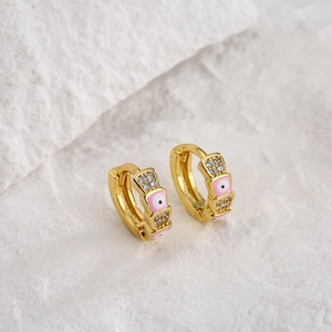 Mini gold-plated hoop earrings with pink enamel evil eye charms and zircon accents