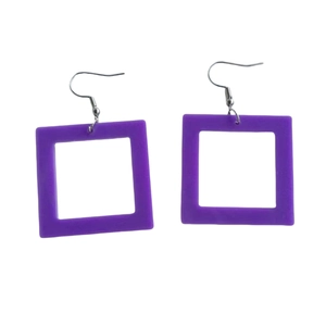 Close-up of geometric square hollow neon purple earrings with silver metal hooks