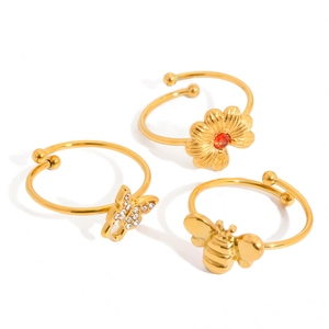 Ensemble de bagues en acier inoxydable doré 18K avec marguerite, abeille et papillon
