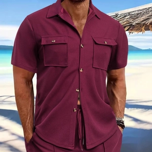 Men Waffle Knit Short Sleeve Button Down Shirt And Shorts Summer Casual Beach Vacation Outfit