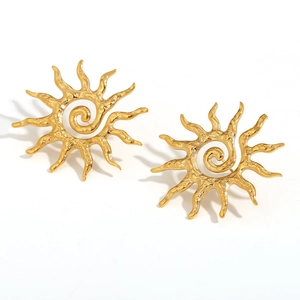 Gold stainless steel sunburst earrings with a textured spiral design for women