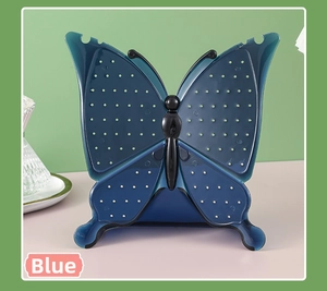 Blue butterfly earring display stand with laser-cut holes on semi-transparent wings