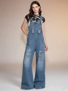 Retro Distressed Denim Overalls For Women Vintage Ripped Wide Leg Loose Fit Casual Bib Jumpsuit Cotton Pants