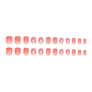 Sweet pink gradient press-on nails with heart patterns in short square-round shape