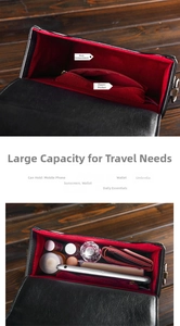 Detailed view of the red lining and interior storage of this vintage clock shaped handbag