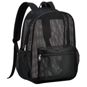 Heavy-duty black mesh backpack with padded straps and front zipper pocket for travel