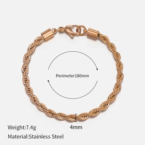Detail shot of 4mm gold plated stainless steel twist chain bracelet with specifications