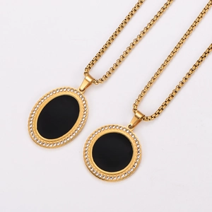 18k gold plated stainless steel necklaces with black enamel and rhinestone pendants