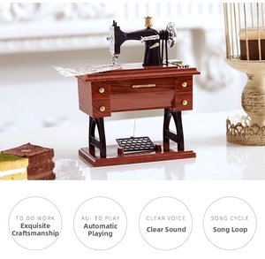 Close-up of vintage sewing machine music box with wood texture and golden accents