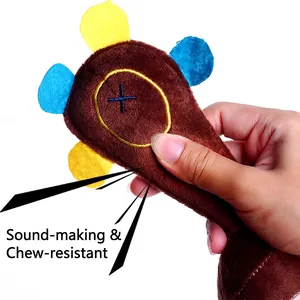 Brown squeaky plush dog toy with bite-resistant texture and soft colorful accents