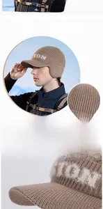 Detail of warm knit peak cap with ear protection and plush fashion logo for winter