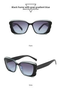 Detail of butterfly frame sunglasses featuring gray blue gradient lenses and wavy edges