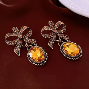 Vintage Bowknot Drop Earrings With Rhinestones Amber Synthetic Gemstone Baroque Style Silver Earring Post For Women