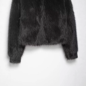 Women's black faux fur jacket featuring a stylish stand collar and plush texture
