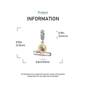 Detailed size specifications for a silver graduation scroll charm with pink ribbon detail