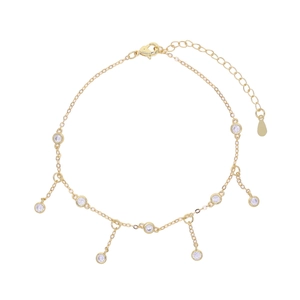 Detailed close-up of a gold anklet featuring round white zircon charms and lobster clasp