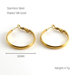 Detail view of 30mm 18k gold plated stainless steel hoop earrings with clasp