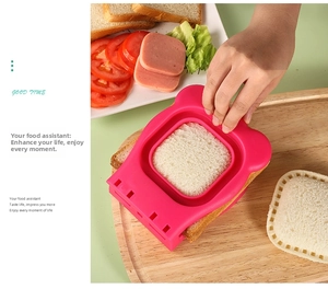 Pink bear-shaped sandwich cutter and sealer tool for DIY crustless pocket sandwiches