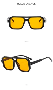 Front and side views of black pilot sunglasses with transparent orange lenses and silver dots