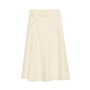 Minimalist beige midi skirt featuring an elegant side knot design and A-line silhouette