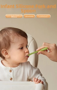Close-up of flexible food-grade silicone baby spoon for easy infant feeding and training