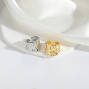 Abstract wide mesh pattern open rings in gold and silver finish for women on white silk