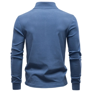 Men's blue half-zip thermal sweatshirt with stand collar and fleece lining, back view