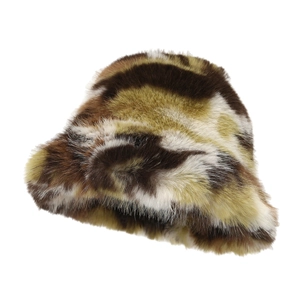 Thick plush leopard camouflage bucket hat for women with warm faux fur material