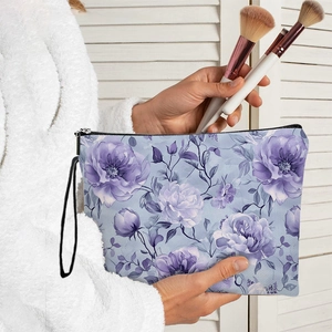 Trousse De Toilette Motif Floral Imitation Lin Pochette Maquillage Avec Fermeture Éclair Et Dragonne Pour Femmes Organisateur