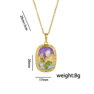 Französische Vintage-Goldkette mit Emaille-Blumenanhänger und Perle auf Edelstahlkette