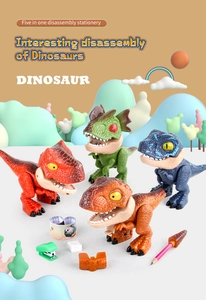 Detail showing red dinosaur dinosaur model containing five unique stationery tools inside