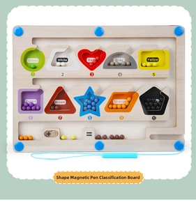 Close-up of wooden magnetic color sorting board with numbers and counting pen