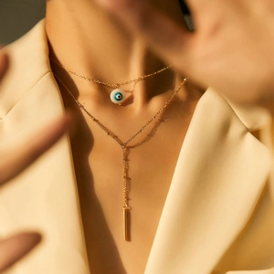 Evil Eye Double Layer Necklace Copper Resin Gold Plated Y Shaped Bar Tassel Minimalist Bohemian Jewelry For Women