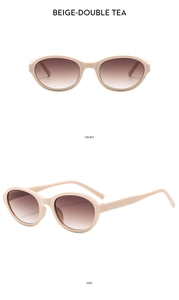 Front and side view of oval beige sunglasses with tea gradient lenses and sleek temples