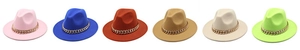 Detail view of multi-color wool fedora hats with chunky gold chain decorative bands