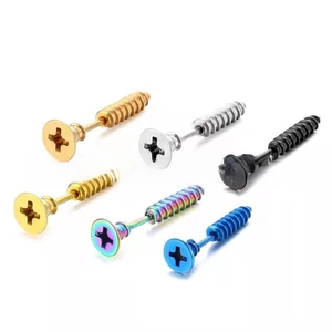 Macro view of stainless steel screw earrings in six metallic finishes and cross-head detail