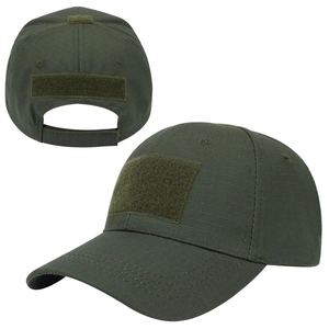 Detail of army green tactical cap with ripstop fabric and adjustable velcro straps