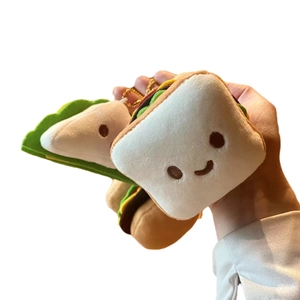 Cute plush sandwich and burger bag pendants with smiling faces and golden chains