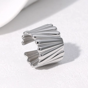 Wide silver textured stainless steel open ring with stylish minimalist stripe design