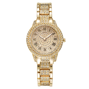 Luxurious gold stainless steel watch with diamond-encrusted dial and Roman numerals