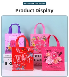 Detail view of non-woven Mother's Day gift bags with floral patterns and sturdy handles